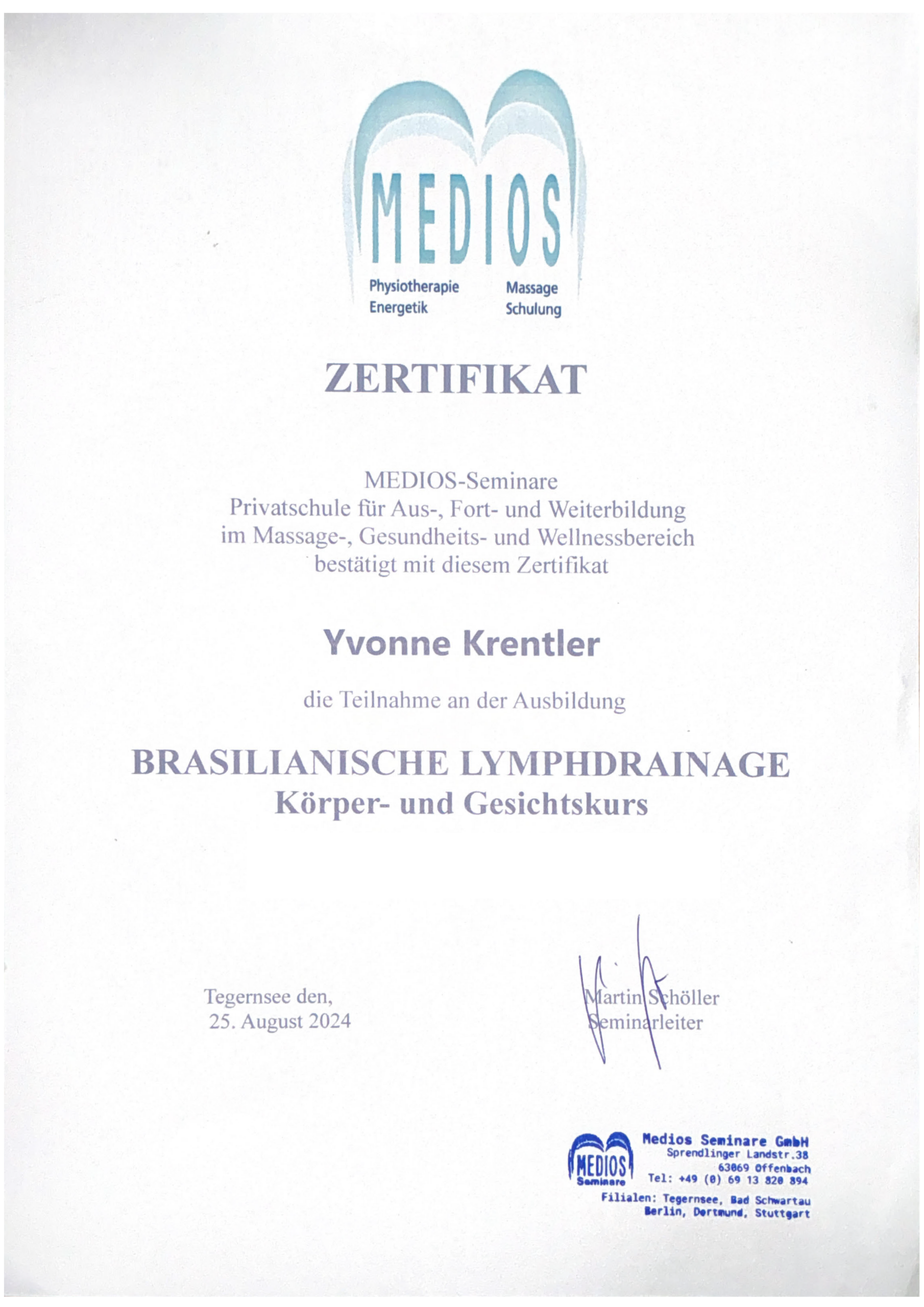 Zertifikat Brasilianische Lymphdrainage