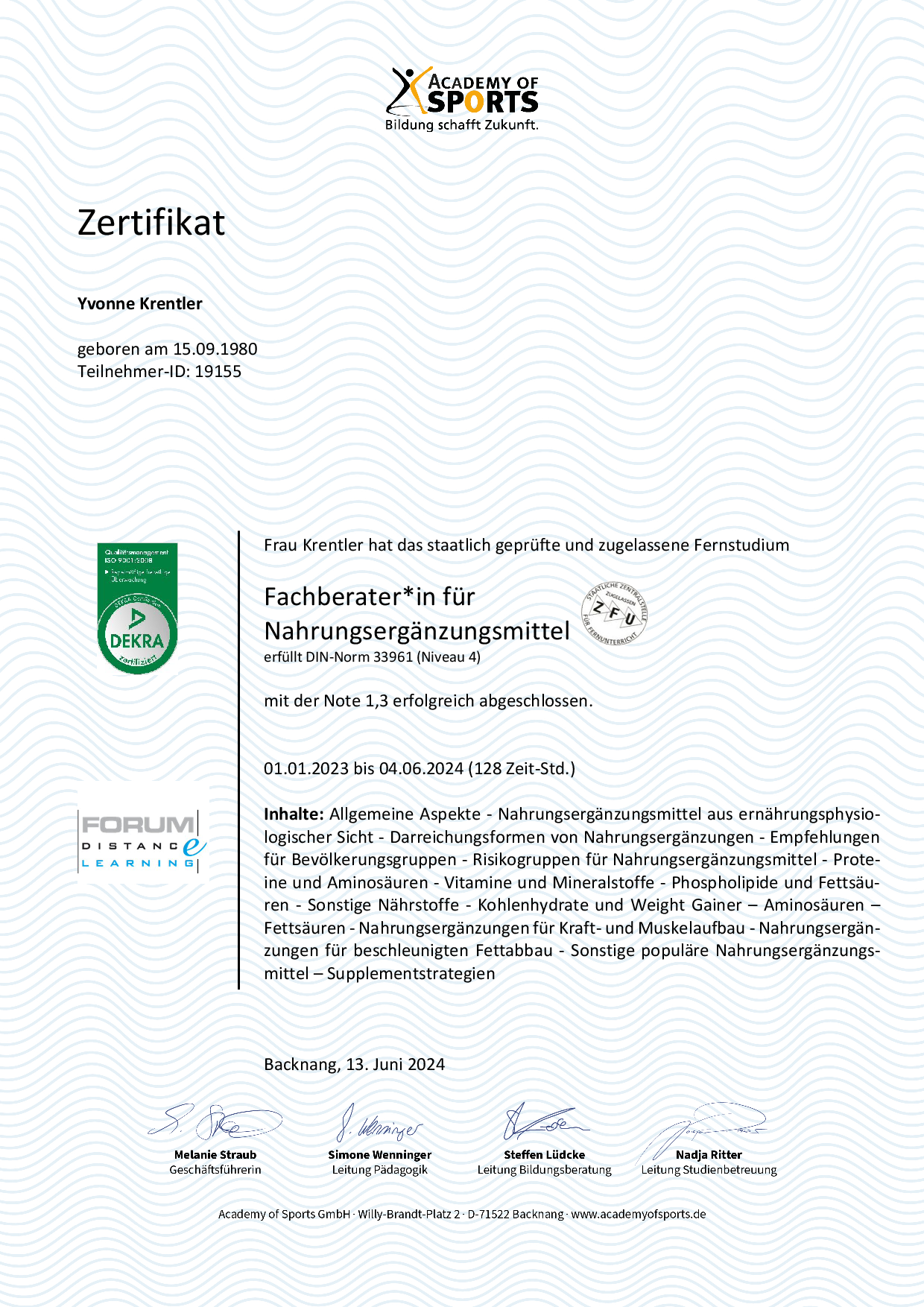 Zertifikat Fachberater für Nahrungsergänzungsmittel